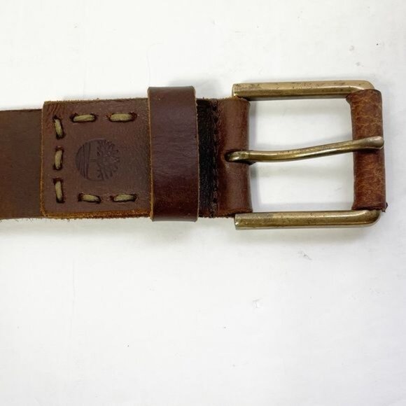 Timberland Mens Brown Leather Belt Brass Buckle 40MM Width Rugged Size 34 - Picture 2 of 6